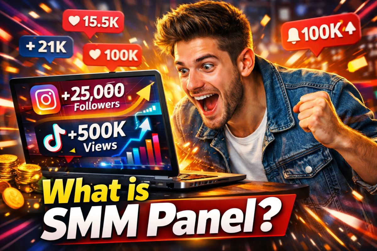 SMM panel dashboard showing social media services like Instagram followers, TikTok views, and YouTube subscribers with growth analytics
