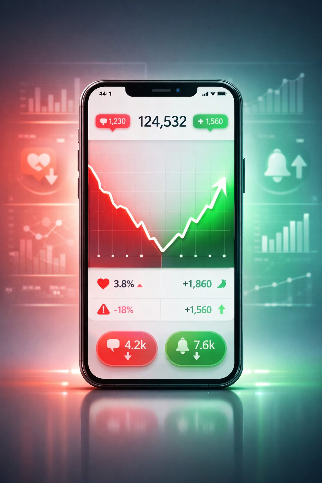 Instagram follower drop concept showing decreasing follower count on analytics dashboard with social media decline graph and recovery strategy visualization