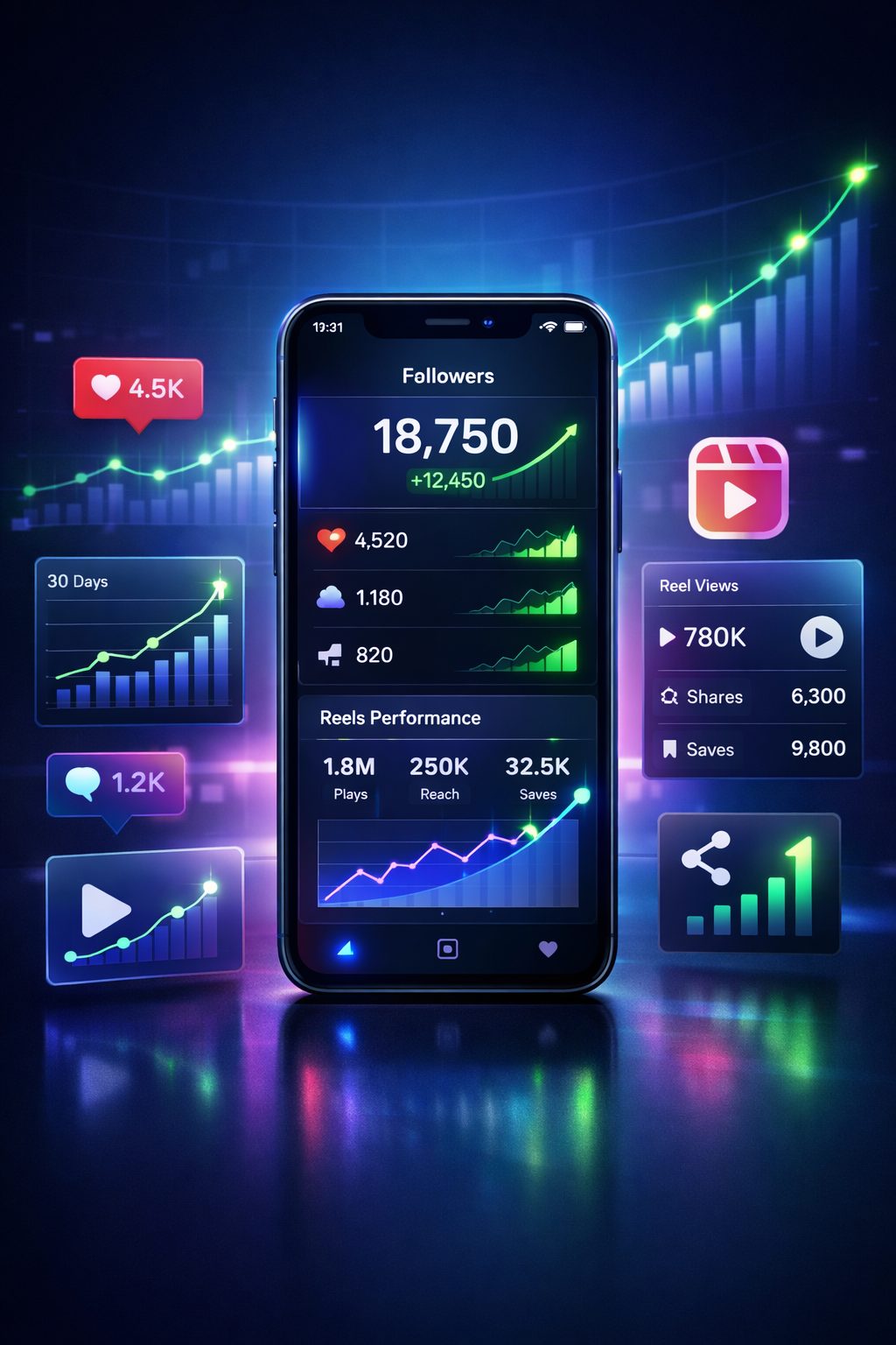 Instagram growth strategy dashboard showing rapid follower increase over 30 days with reels performance, engagement analytics, and social media marketing plan